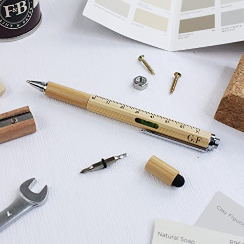 eBuyGB 6 in 1 Multi Tool Pen, Personalised Custom Wooden Ballpoint Pen with Blue Ink, Touchscreen Stylus Pen, Ruler, Spirit Level, Flat-Head and Phillips Screwdriver Multifunction - Any Initials