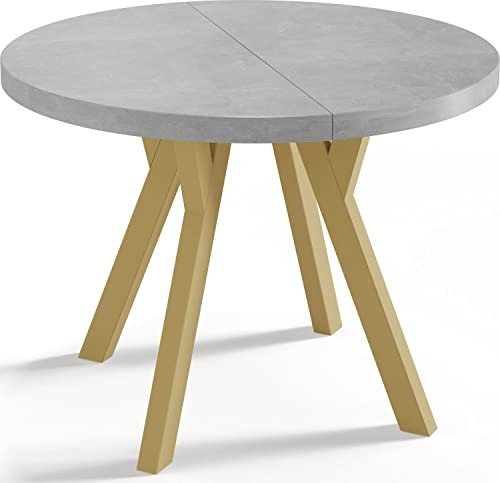 WFL GROUP Designer Runder Ausziehbarer Esstisch - Loft-Stil, Industriell, Platzsparend - Goldene Beine - 100 bis 200 cm - für 6-8 Personen - Hergestellt in EU - Beton Grau - 200 cm