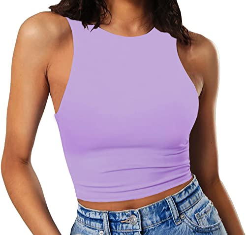 GEMBERA Damen High Neck Crop Tops Basic Racerback Cropped Tank Sleeveless Shirts, Flieder, X-Klein