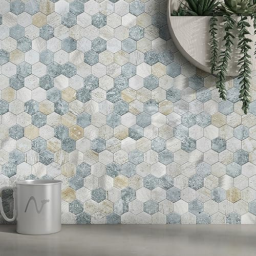 MOFIT - Piastrelle adesive da parete esagonali 3D, effetto marmo e mosaico metallico, resistenti al calore (blu, verde, grigio, 10 fogli)