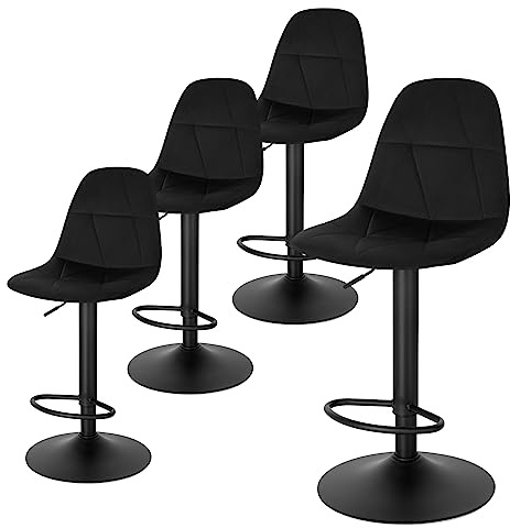 Lestarain Tabouret Bar Lot de 4 Chaise de Bar Tabouret de Comptoir avec Dossier, Réglable en Hauteur, Pivotant à 360°, Velours Hauteur d'Assise 60-81cm, Noir, LBAI64003-4