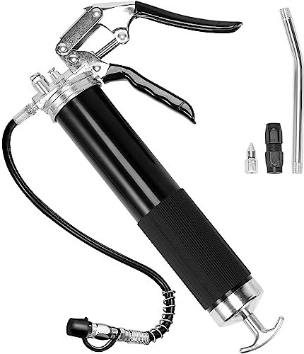 VEVOR Pistolet à Graisse Manuel, 6000 PSI Pistolet Graisseur Professionnel Une Main à Poignée, Capacité 400 CC avec Tuyau Flexible 450 mm, Coupleur Plat Noir, Coupleur Pointu, Tube Métallique Courbé
