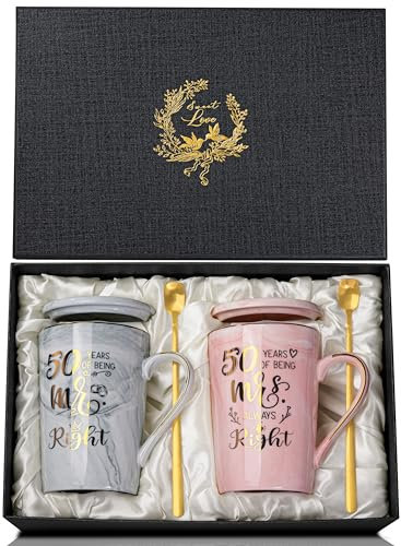 Happy 50th Wedding Anniversary Coffee Mugs Gift Set - 14oz Golden 50th Anniversary Cup Gifts for Couples, Parents, Grandparent, Grandpa, Grandma, Pink Grey Cup with Lid, Greeting Card, Elegantly Boxed