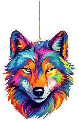 Christbaumschmuck Bunte Wolf, 2D Acryl Weihnachtsanhänger Deko, Lustig Bunte Wolf Weihnachtsbaumschmuck, Weihnachtsdeko Wolf, Weihnachtsbaum Deko Weihnachten Wolf Anhänger (B, 8cm)