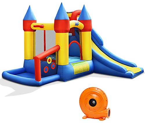 Maxmass Inflatable Bouncy Castle, Kids Jumping House with Air Blower, Slide, Climbing Wall, Basketball Hoop & 50 Ocean Balls, Blowup Bouncer Playhouse for Indoor & Outdoor (6-in-1)