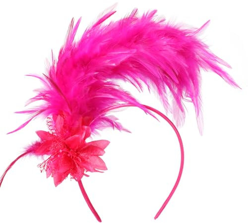 MWOOT Feder Haarschmuck Haarreif, 1920er Fascinator Kopfschmuck für Damen, Rosenrot Feder 20er Jahre Stirnband mit Künstlichen Blumen für Karneval Cocktail Hochzeit Tee-Party Accessoires