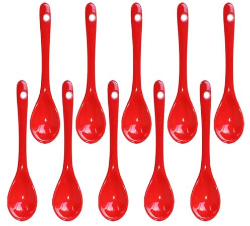 Yuauy Lot de 10 cuillères à œufs en porcelaine 11,9 cm pour café, dessert, yaourt, thé, thé au lait, rouge