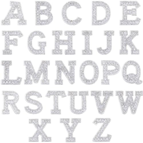 GORGECRAFT 26Pcs Iron on Letter Rhinestone Patches A-Z Sew On Patches Glitter Alphabet Applique Bling Rhinestone Letter Stickers Embroidered Patches for Hats Shirts Shoes Jeans Bags DIY Decor, Silver