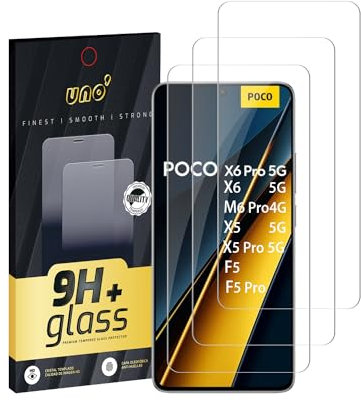 UNO' - 3Ud Protector de Pantalla (6,67) Para Xiaomi Poco X6 5G /X6 Pro 5G /X5 5G /X5 Pro 5G /F5 /F5 Pro /M6 Pro 4G; Cristal Templado, Anti-huella, Antiarañazos, Dureza 9H, Sin Burbujas, Resistente.