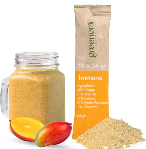 GREENORA Smoothie Bowl Frutta Disidratata Liofilizzata Polvere 100% Naturale. Mango Ananas Banana Frutto della Passione Zenzero. Vegan. 10x24g