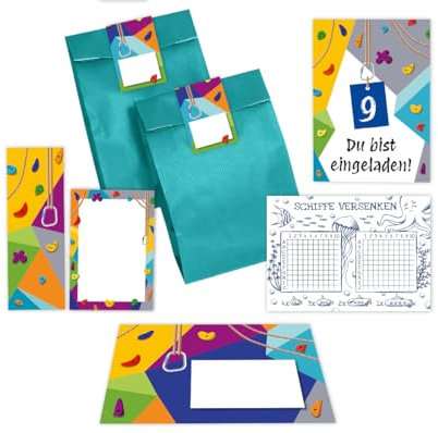 12 Einladungskarten zum 9. Kindergeburtstag Klettern Bouldern Mädchen Jungen neunte Geburtstag incl. 12 Umschläge, 12 Tüten/petrol, 12 Aufkleber, 12 Lesezeichen, 12 Blöcke, 12 Schiffe versenken