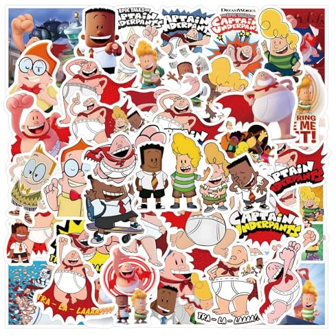 55 Stück Captain Underpants Aufkleber Auto Laptop Telefon Gitarre Skateboard Motorrad Fahrrad Captain Underpants Stickers Set Vinyl Wasserdicht Aesthetic Aufkleber für Jugendliche Kinder Erwachsene