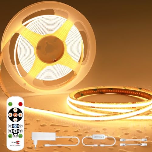 Öuesen COB LED Streifen Warmweiss 5M, Led Strip Dimmbar 24V, 3000K, Lichtband LED Selbstklebend, IP44 Wasserdicht, Band mit Fernbedienung, Lichtleiste für TV, Küche, Wohnzimmer, DIY Indoor Outdoor