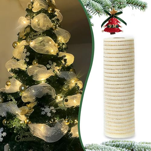 26 cm×9 m Glänzend Weihnachtsgirlanden Weihnachtsband Breit Helles Gold,Weihnachtsbänder Geschenkband Dekoband Weihnachten Poly Mesh Ribbon für Schleifen Weihnachtsbaum Deko Weihnachtskranz