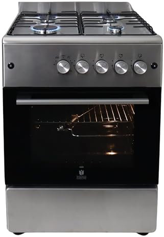 Gasline Gas Standherd 4 Flammig 60cm breit, Gas-Backofen mit Thermostat, Grill und Umluft Weiß SHGG6060FGIX Erdgas/Propangas, Edelstahl