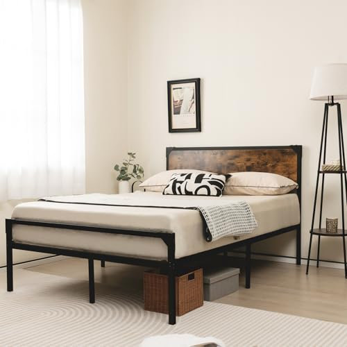 HOMFME Metal Bed Frame, 4FT6/5FT Heavy Duty Platform Bed with Wooden Headboard & Underbed Storage, Double/King Size Slat Support Mattress Foundation for Adults Kids, Noise Free (Double, 196x139cm)