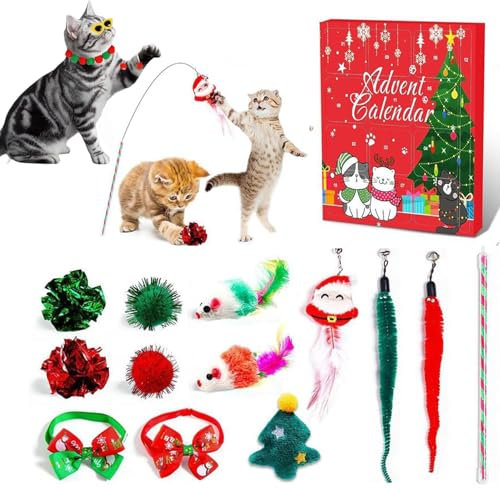 2024 Katzen-Adventskalender, 2024 Weihnachts-Countdown-Kalender für Kätzchenspielzeug, 2024 Katzen-Adventskalender mit Spielzeug, 24 Katzenfeder-Teaser und Ballglocken, Weihnachts-Countdown-Geschenke