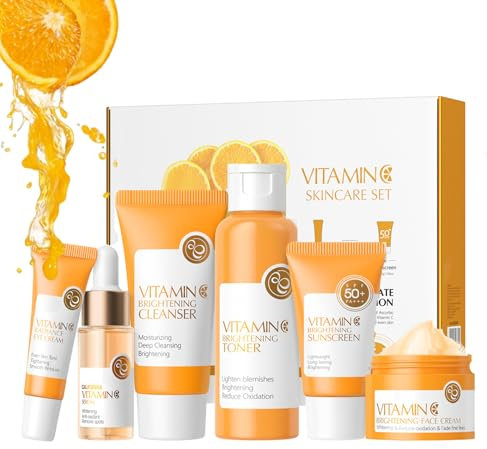 Set de soins anti-âge pour filles et femmes, set de soins du visage à la vitamine C, routine complète de soins de la peau - Nettoyant, Tonique, Sérum, Crème, Écran solaire