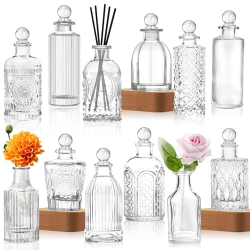 INFTYLE Transparente Glasflaschen mit Deckel, 12 Stück, Mini-Blumenvasen für Tischdekoration, kleine Flasche für Trank, Saft, Öle, Essig, Whiskey, Wein, mit 2 Reinigungsbürsten, spülmaschinenfest