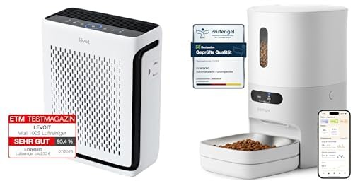Levoit Luftreiniger Allergiker mit Tiermodus, CADR 243m³/h bis 52㎡, HEPA Luftfilter 99,97% Filtration + Pawsync Futterautomat Katze & kleiner Hund mit App-Fernfütterung, individuelle Fütterungspläne