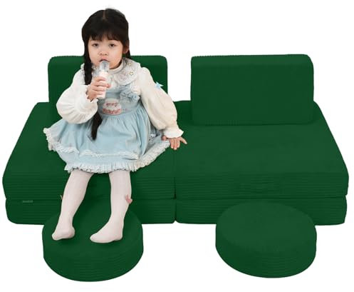 MeMoreCool Kindersofa aus Cord, Schaumstoff Soft Bausteine Couch, modulares Fancy Spielsofa einen aufregenden Indoor-Spielplatz für das Kinderzimmer, Kuschelecke ideal für Kinder, Grün