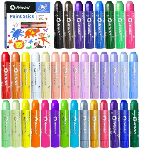 Artecho Tempera Paint Sticks, 36 Colors Washable Paint Sticks Including 12 Vibrant, 12 Pastel, 6 Neon and 6 Metallic Colors
