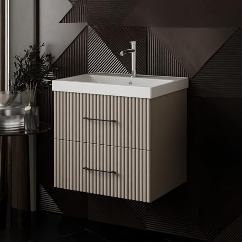 Karen Waschtisch mit Unterschrank Liana | Keramikwaschbecken | Unterschrank | Badmöbel | Aufsatzwaschbecken | Konsolenwaschtisch | Elegant | Badezimmer | Riffeloptik (Liana 60)