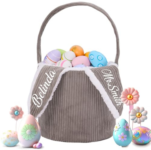 Personalisierter Osterhasenkorb, individuelle Oster-Eimertasche für die Ostereiersuche mit Hasenohren, Partyzubehör, Dekoration, Süßigkeiten-Geschenkaufbewahrung