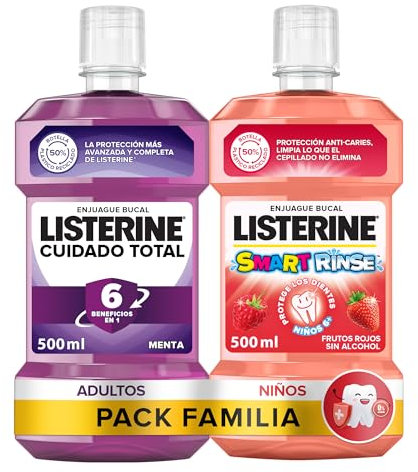 Listerine Family Pack Cuidado Total + Smart Rinse (2 x 500 ml), set de limpieza bucal con 2 enjuagues bucales, elixir bucal Cuidado Total con 6 beneficios en 1, colutorio Smart Rinse para niños 6+
