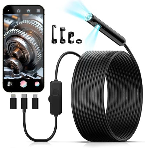 Endoscopio per Smartphone, KAIWEETS 1920P HD Telecamera Endoscopica con Doppio Obiettivo e 8 LED, IP67 Ispezione Tubi con Cavo Semirigido da 5 M, Compatibile con Android e iOS per Tubi e Lavandini
