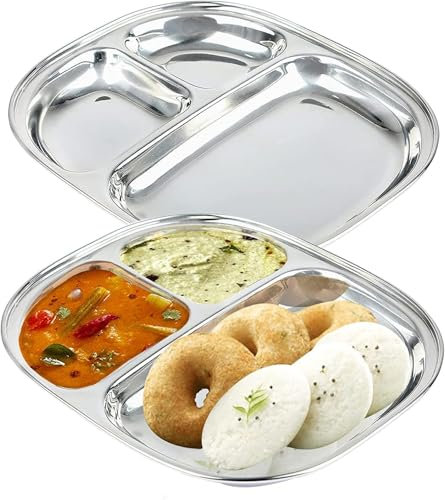 Luckora Stainless Steel Compartment Plates – 3-in-1 Divided Dinner Dishes | Non-Toxic Metal Plates for Kids & Adults | Mess-Free Meal Trays for Camping & Home Use (Large) (1)