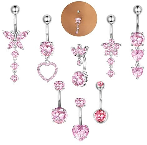 ORAZIO 8 Pcs Argent Piercing Nombril Acier Chirurgical Femme 10MM Percing Au Nombril Argent Zircon Coeur Papillon Rose Piercing Nombril Anneau Femme