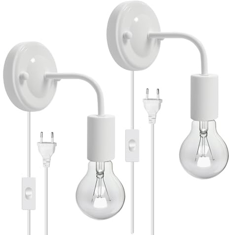 2 Piezas Lámpara de Pared con Interruptor y Enchufe, Moderno E27/E26 Iluminación con Base Engrosada, Blanco Metal Aplique de Pared Interior para Salón Pasillo Dormitorio Café Decoración(Sin Bombillas)