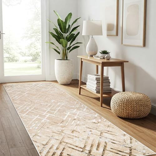 TAPISO Crystal Teppichläufer Kurzflor Glänzend Beige Gold Creme Weiß Geometrisch Streifen Dreiecke 3D Effekt Abstraktes Muster Wohnzimmer Schlafzimmer Modern Design ÖKO-TEX 70 x 150 cm