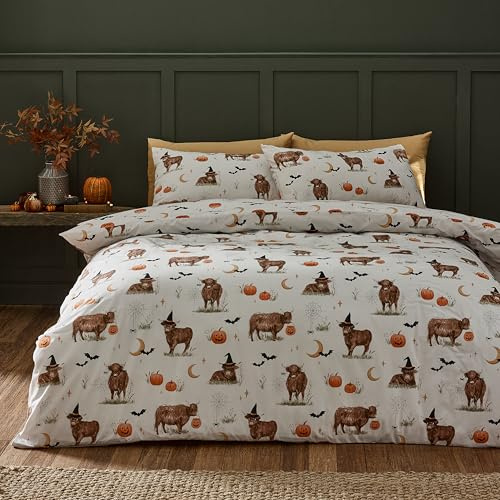 Catherine Lansfield Wende-Bettwäsche-Set mit Kissenbezügen, Motiv: Halloween-Hochlandkuh, für Kingsize-Bett, Natur