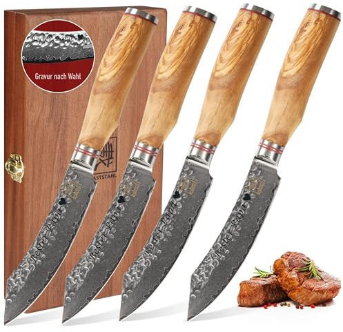 zayiko Minami Steakmesser Set mit Gravur – Personalisiertes 4er Damastmesser-Set mit 12 cm Klingen aus 67 Lagen Damaststahl (VG10-Kern), Hammerschlag, Olivenholzgriff – in Geschenkbox