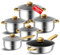 Set di pentole in acciaio inox e pans, 12 pezzi, set di pentole da cucina, non tossico, con manici freddi, lavabile in lavastoviglie, adatto per tutti i piani cottura (oro A)