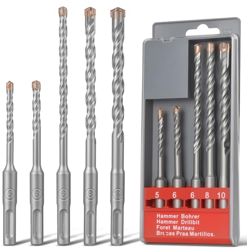 flintronic 5PCS SDS-Plus Drill Bit Set, Cross Drill Bits, Rotary Hammer Drill for Drill Holes in Concrete, Ceramic Tile, Stone, Metal, Plastic and Multi-Layer Materials (5/6mm*115mm+6/8/10mm*165mm)