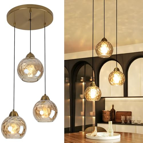 bomiel 3-flammige Pendelleuchte Bernstein Glaskugel Ø16cm, Vintage Hammerschlag-Glas Gold-Hängelampe, Höhenverstellbare E27 Retro-Esslampe für Esstisch Kücheninsel Wohnzimmer (ohne Leuchtmittel)