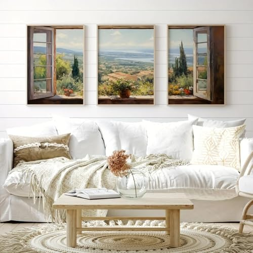 BPJSTU 3-teiliges Wandbild-Set mit italienischer Toskana-Landschaft, Vintage-Stadtkunst-Leinwandposter, Wanddekoration im Landhausstil, rustikale Wandkunst (30 x 40 cm/3 Stück rahmenlos)