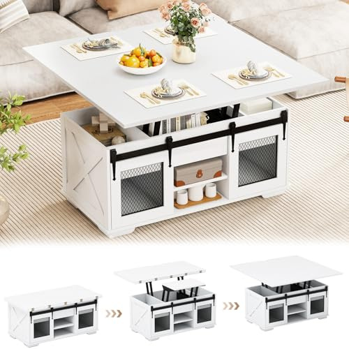 GOPLUS 3 en 1 Table Basse Relevable, Table Basse Extensible Rustique avec Plateau Relevable, 2 Portes Coulissantes, 3 Compartiments Cachés et Étagères, pour Salle Manger (Blanc,105x108x66,5CM)
