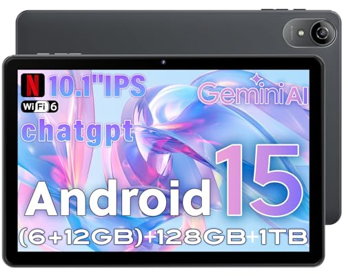 UBDXBD Tablet 10.1 Inch, Android 15 Tablets Grey, 18GB RAM + 128GB + 1TB Expandable, T30 Octa-Core Processor, 6000mAh Long Battery, WiFi 6, 1280 * 800 HD IPS Display, GPS, Widevine L1, BT 5.0