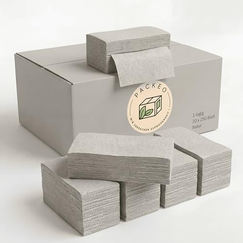 PACKEO Papierhandtücher Natur 5000 Blatt – ZZ-Falz Falthandtücher Recycling 25x23 cm – Handtuchpapier für Spender