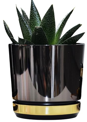 KERD Blumentopf 26 cm Duo Schwarz + Gold (DUO/088/011), dekorativ, hochwertig, aus Recycling, mit Drainage, mit Untersetzer, handbeklebt, Spiegeleffekt, Hochglanz, modern, luxuriös, glamourös