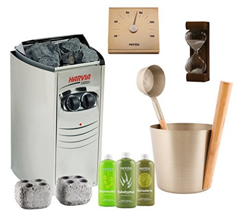 Sauna Poêle Électrique Harvia Vega Compact Kit: BC35; Rento Seau, louche et thermomètre en aluminium; Sablier 15min; Pierres à vapeur; Rento Sauna Arôme 400ml x3: Bouleau, Résine, Eucalyptus