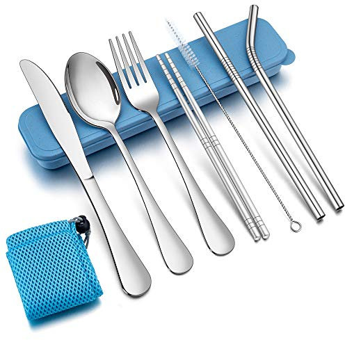 TEAMFAR Campingbesteck, 9-teilig Outdoor Reisebesteck Wanderbesteck aus Edelstahl, Picknick Besteck Set mit Messer Gabel Löffel, Essstäbchen, Metallstrohhalme, Reinigungsbürste, Blau Etui & Tasche