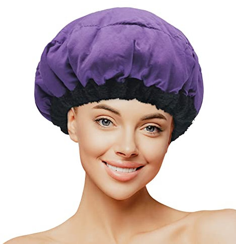 Deep Conditioning Heat Cap,MQUPIN Microwavable Heat Cap 100% Natural Flaxseed Thermal Cap for Steaming Hair Styling and Steam Cap Steaming Haircare Therapy with 10 Pcs Disposable Shower Caps(Purple)