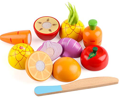 Wondertoys Wooden Cutting Fruits Vegetables Food Set - Pretend Role Play Kitchen Toy for Toddlers Boys Girls Kids