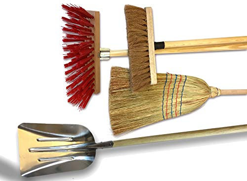 Set di 3 scope da esterno + pala da neve o grano, manico in PVC, 32 cm, fibre di cocco naturale, 29 cm, cannuccia di riso, 35 cm, paletta in alluminio, maniche in legno, Kibros 3LOTBPL