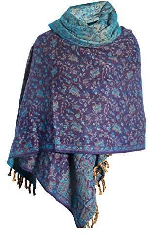 TIBET Luxuriöser Schal mit Blumenmuster, marineblau, übergroß, wendbar, reine Yakwolle, Schal, Blau, Orange, Einheitsgröße
